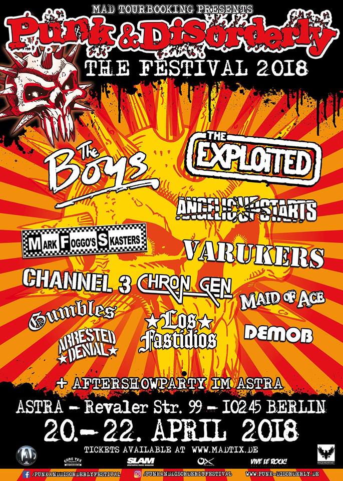 Punk & Disorderly 2018 line-up: The Exploited, The Boys, Angelic Upstarts, Channel 3, Varukers, Chron Gen, Gumbles, Arrested Denial, Los Fastidios y Demob