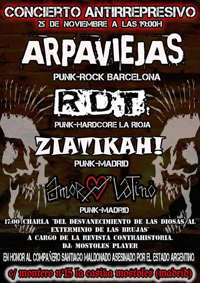 Concierto de Arpaviejas, RDT, Ziatikah! y Amor Latino en CSO La Casika, Móstoles, el 25 de noviembre
