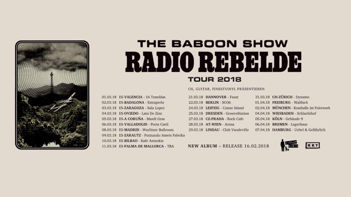 Gira de The Baboon Show con conciertos en Valencia, Barcelona, Zaragoza, Oviedo, A Coruña, Valladolid, Madrid, Zarautz, Bilbao y Palma de Mallorca