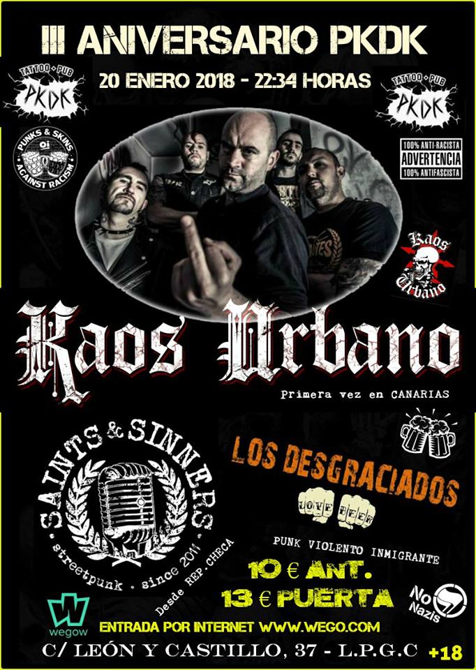 III Aniversario PKDK Pub Tattoo con Kaos Urbano, Saints & Sinners y Los Desgraciados @ Las Palmas de Gran Canaria, el sábado, 20 de enero de 2018