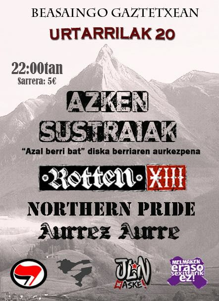 Cartel del concierto de Azken Sustraiak + Rotten XIII + Northern Pride + Aurrez Aurre @ Beasaingo Gaztetxea - Melmak 20/01/2018