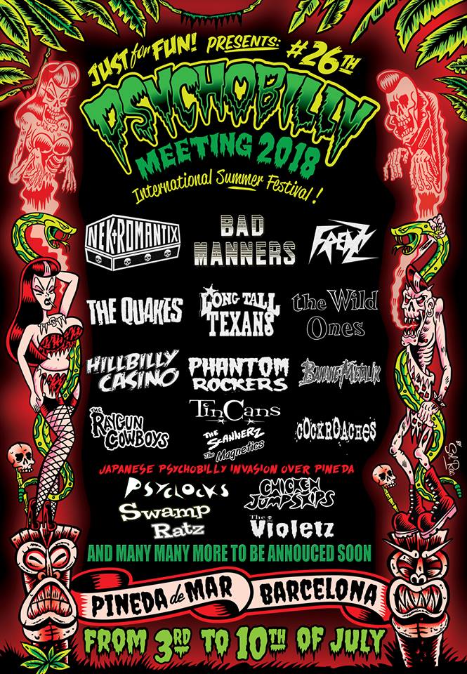 Cartel Psychobilly Meeting 2018, del 3 al 10 de julio en Pineda del Mar, Barcelona.