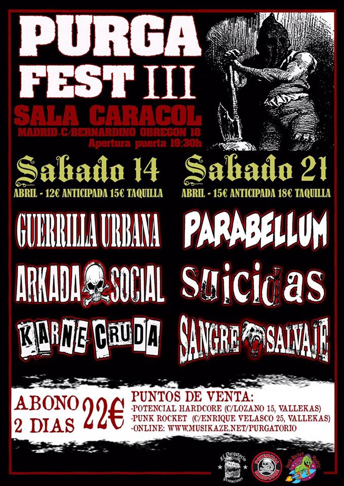 Cartel Purga Fest 2018: Guerrilla Urbana, Parabellum, Arkada Social, Suicidas, Karne Kruda y Sangre Salvaje @ Sala Carcol, Madrid, 14 y 21 de abril de 2018