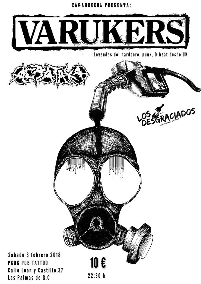 Cartel del concierto de The Varukers @ PKDK Pub Tattoo, Tenerife, sábado 3 de febrero de 2018