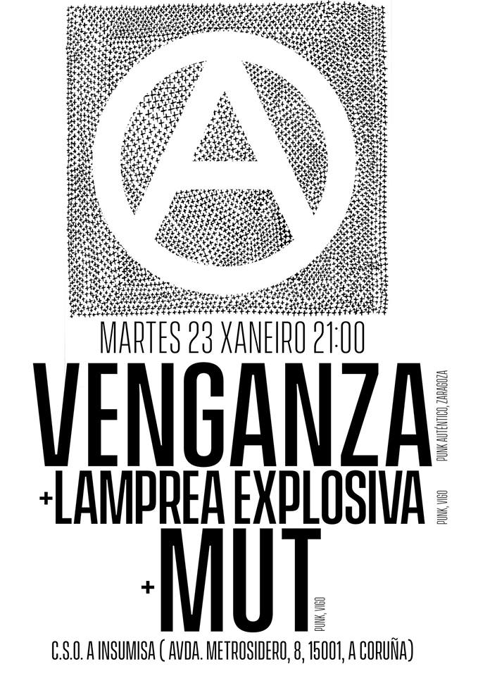 Cartel del concierto de Vengnza + Lamprea Explosiva + MUT @ CSO A Insumisa, A Coruña, 23/01/2018