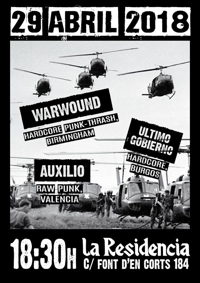 Cartel del concierto de Warbound + Último Gobierno + Auxilio @ La Residencia, Valencia, domingo 29 de abril de 2018