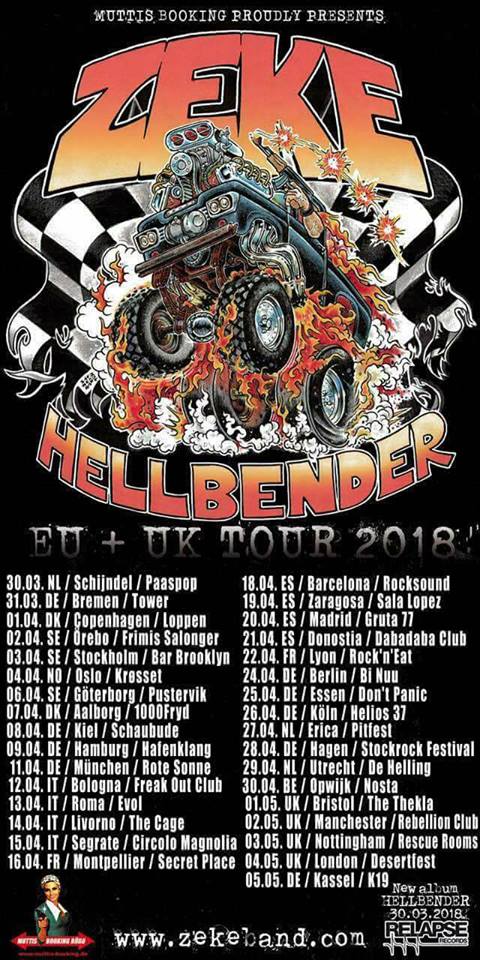 Conciertos de Zeke en Barcelona (Rocksound), Zaragoza (Sala López), Madrid (Gruta77) y Donostia (Dabadaba Club) en abril de 2018