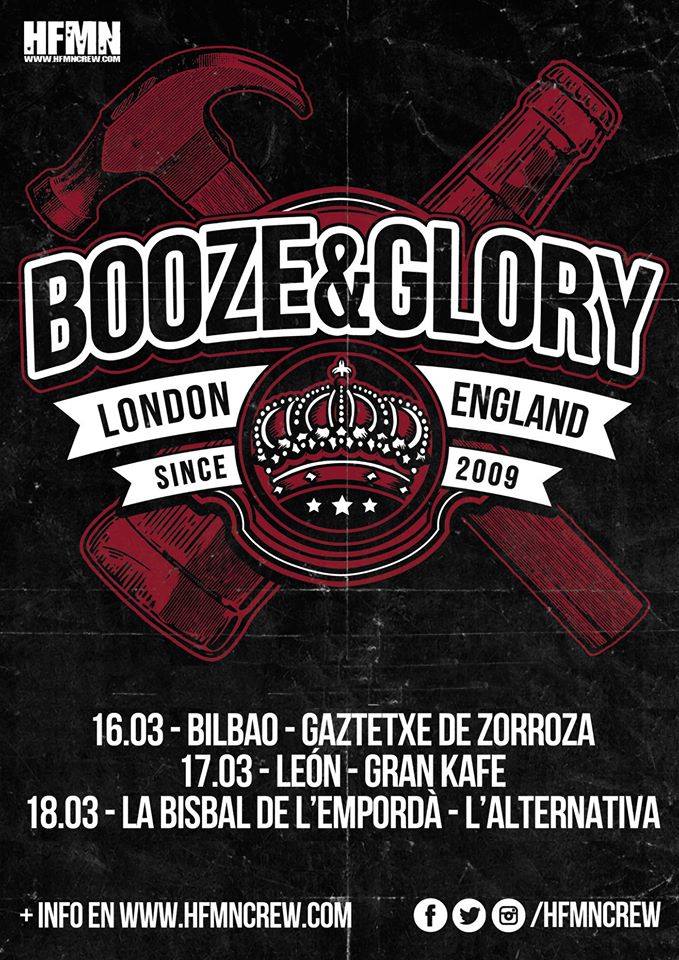 Cartel de la gira de Booze & Glory con conciertos en Bilbao, León y La Bisbal de L'Empordà en marzo de 2018