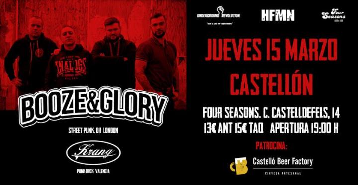 Cartel del concierto de Booze & Glory @ Four Seasons, Castellón, jueves, 15 de marzo de 2018