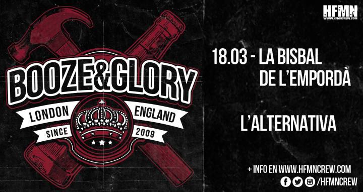 Cartel del concierto de Booze & Glory en L'Alternativa, La Bisbal de L'Ampordà, el domingo 18 de marzo de 2018