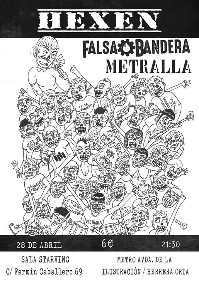Cartel del concierto de Hexen, Falsa Bandera y Metralla @ Sala Starving, Madrid, el sábado 28 de abril de 2018