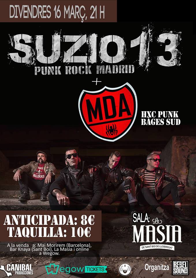 Cartel del concierto de Suzio 13 + Mousse de Araña (MDA) @ Sala La Masía, Sant Boi de Llobregat, Barcelona, el viernes 16 de marzo de 2018