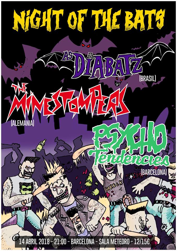 Cartel del concierto de As Diabatz + The Minestompers + Psycho Tendencies @ Meteoro, Barcelona, el sábado 14 de abril de 2018