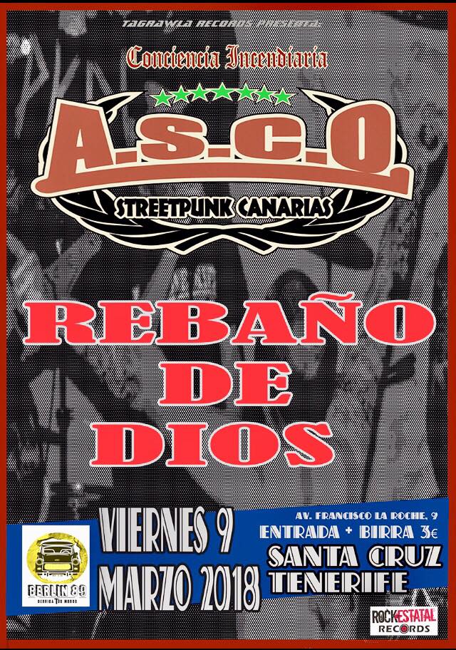 Cartel del concierto de ASCO en @ Berlín 89, de Santa Cruz de Tenerfie, el viernes 9 de mazo de 2018