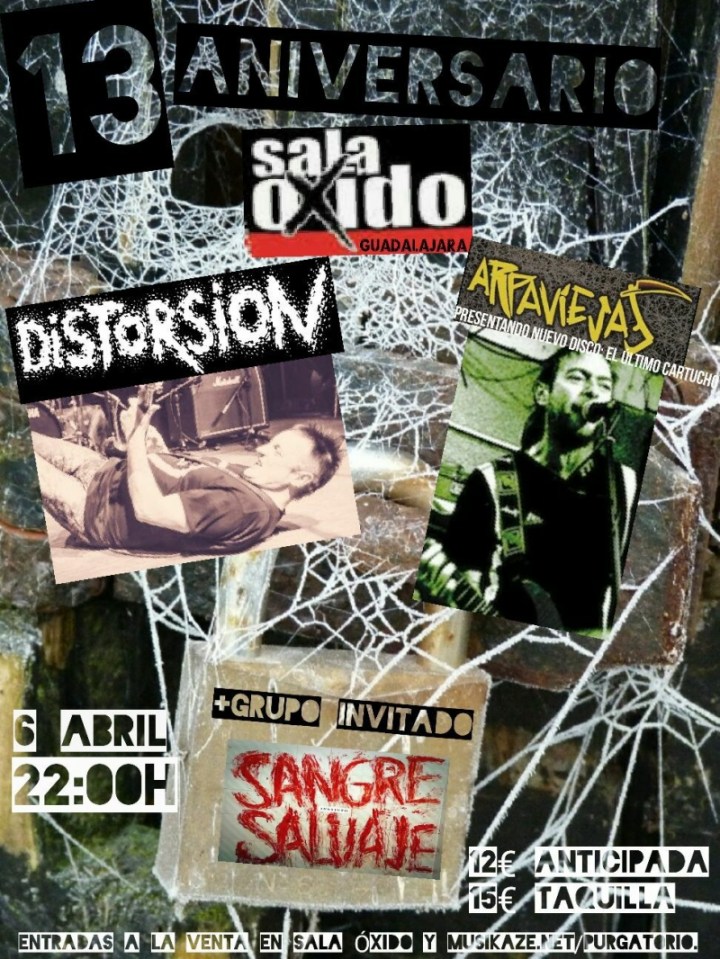 Cartel del concierto Distorsión + Arpaviejas + Sangre Salvaje @ Sala Óxido, Guadalajara, Viernes 6 de abril de 2018