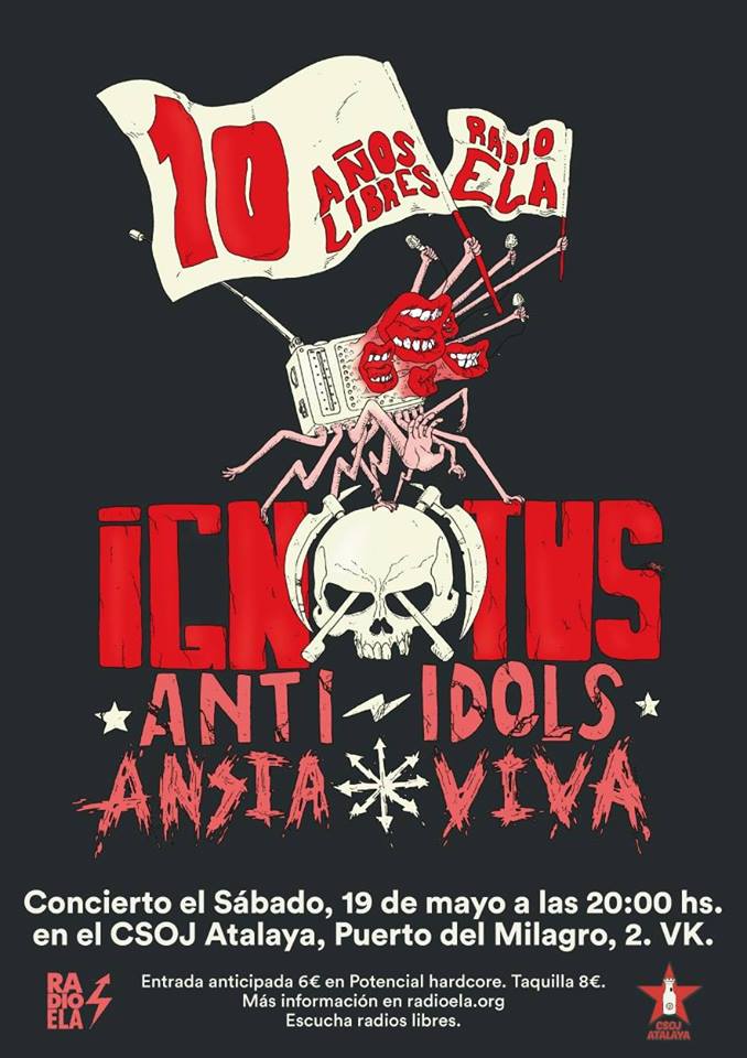 Cartel del concierto de Ignotus, Anti-Idols y Ansia Viva @ CSOJ Atalaya, Vallekas (Madrid), el sábado 19 de mayo de 2018