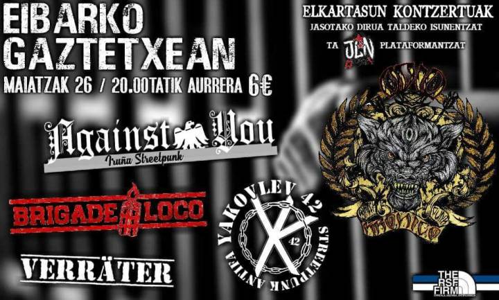 Cartel del concierto de Against You, Brigade Loco, Yakovlev 42 y Verräter @ Eibarko Gaztetxean el sábado 26 de mayo de 2018