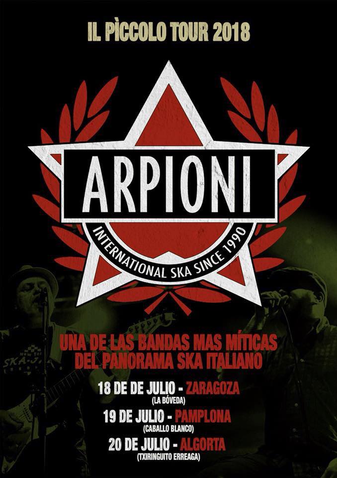 Cartel de la mini-gira de Arpioni con conciertos en Zaragoza, Iruña y Algorta en julio de 2018