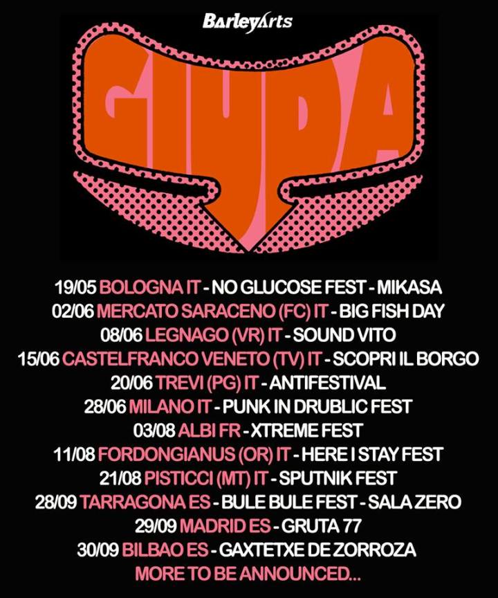 Cartel de los próximos conciertos de Giuda con actuaciones en Tarragona, Madrid y Bilbao en septiembre de 2018