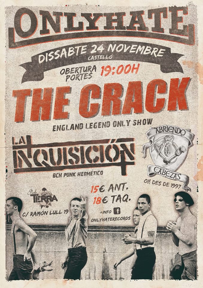 Cartel del concierto de The Crack, La Inquisición y Abriendo Cabezas @ Pub Terra, Castelló, el sábado 24 de noviembre de 2018