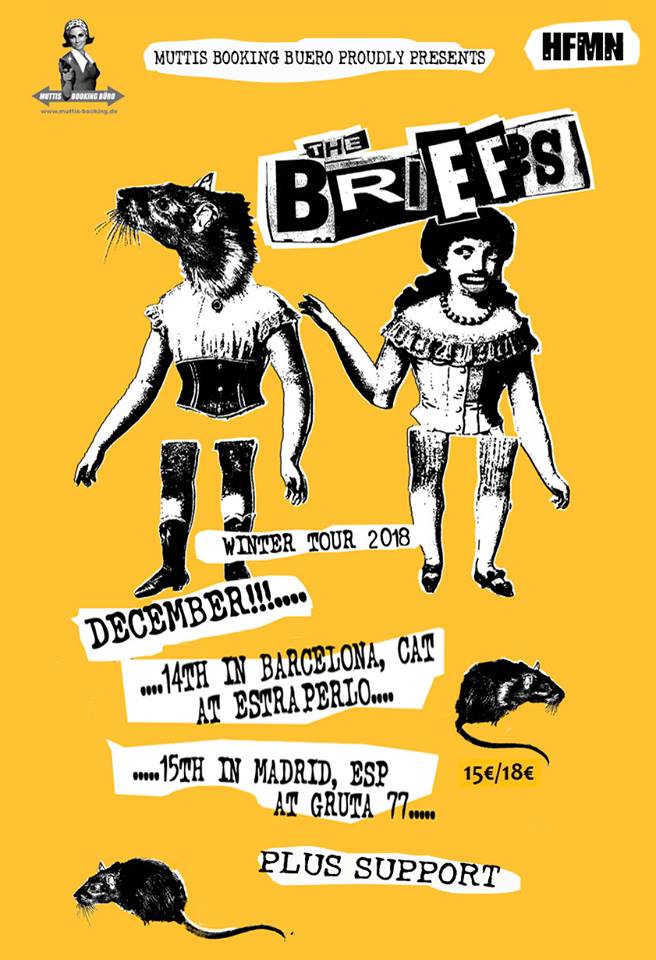 Cartel de los conciertos en Badalona (Estraperlo Club) y Madrid (Gruta 77) de The Briefs en diciembre de 2018