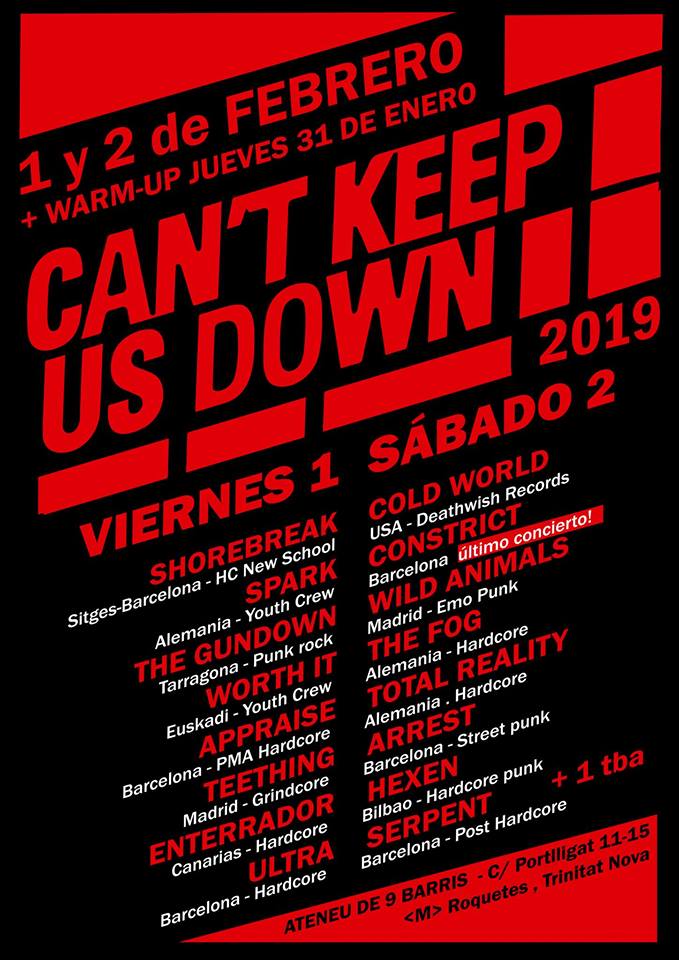 Cartel completo del Can't Keep Us  Down 2019 @ Ateneu 9 Barris, Barcelona, los días 1 y 2 de febrero de 2019