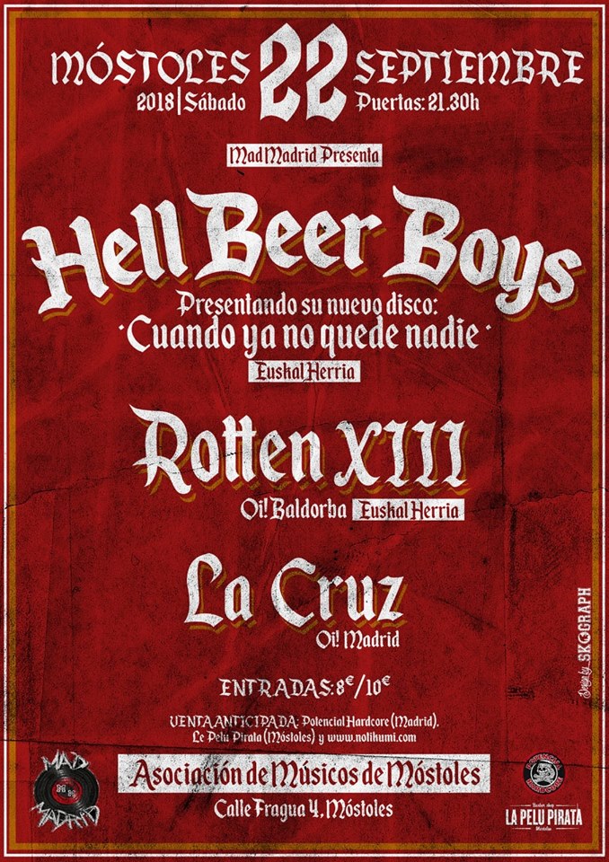 Cartel del concierto de Hell Beer Boys + Rotten XIII + La Cruz @ Asocación de Músicos de Móstoles, el sábado, 22 de septiembre de 2018