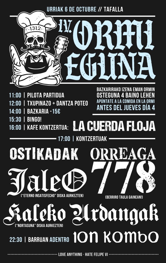 Cartel del IV Ormi Eguna @ Tafalla con Orreaga 778, Kaleko Urdangak, JaleO y Ostikadak 