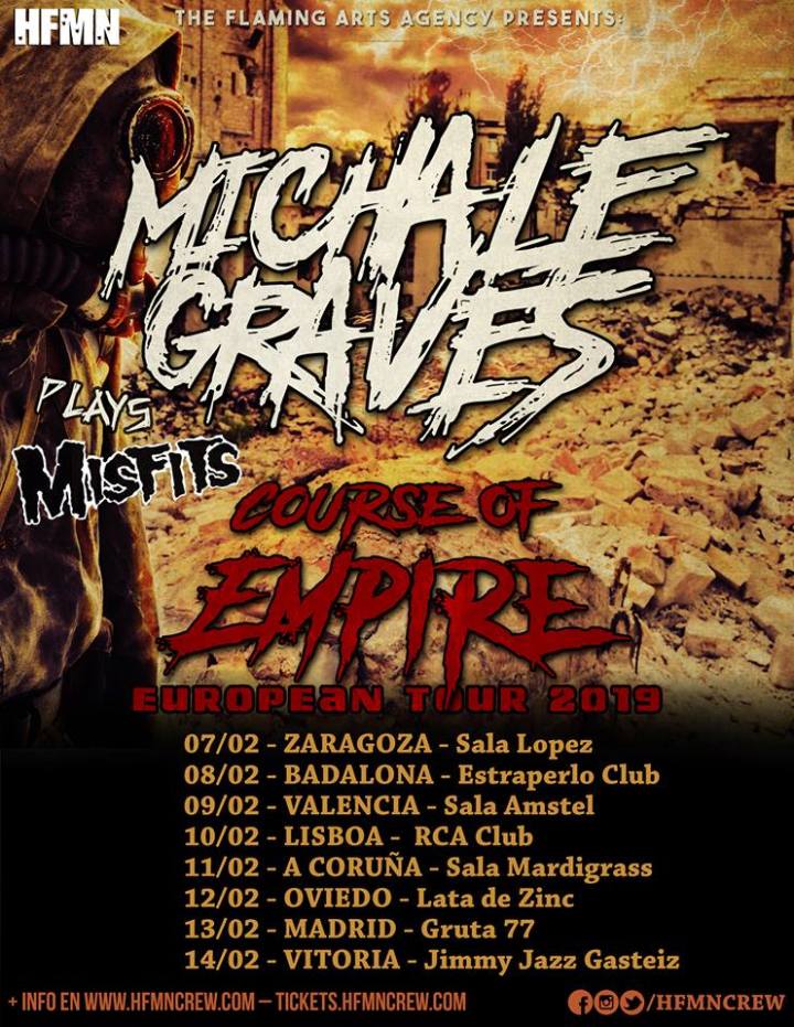 Cartel de la gira de Michael Graves (ex Misfits) con conciertos en Zaragoza, Badalona, Valencia, Lisboa, A Coruña, Oviedo, Madrid y Vitoria-Gasteiz.