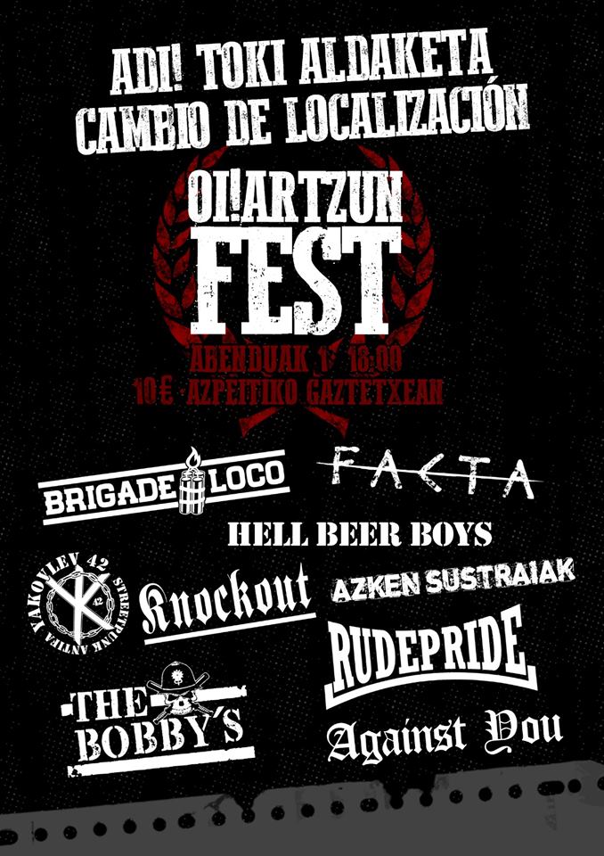 Oi!artzun Fest 2019 con Rude Pride, Knock Out, Azken Sustraiak, The Bobby's, Hell Beer Boys, Facta, Yakovlev 42, Brigade Loco y Against You