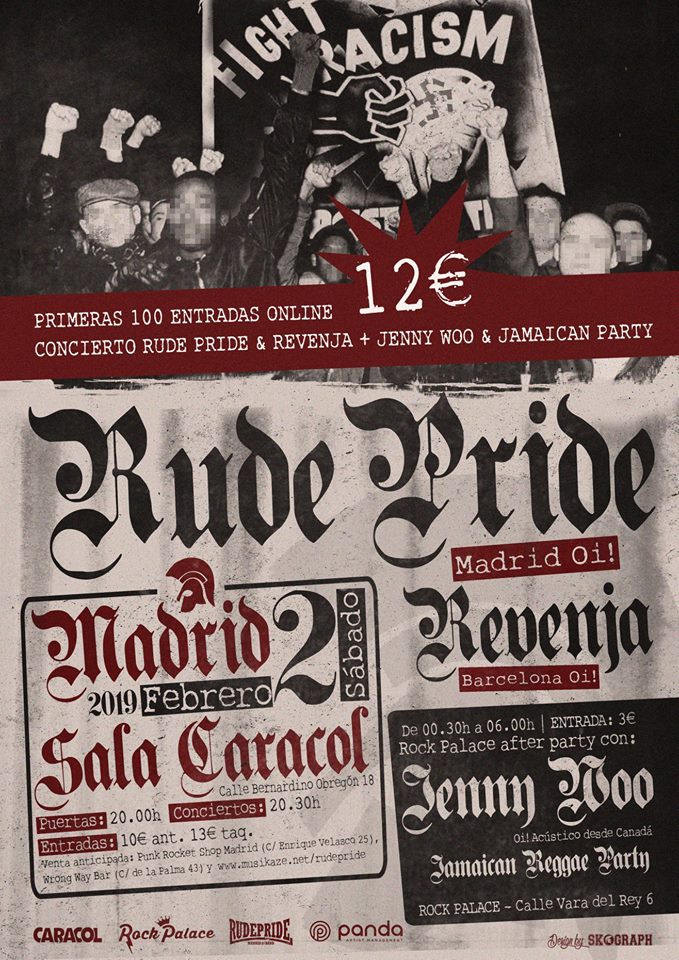 Cartel del concierto de Rude Pride + Revenja (Sala Caracol) y Jenny Woo + pinchada reggae (Rock Palace) del 2 de febrero de 2019