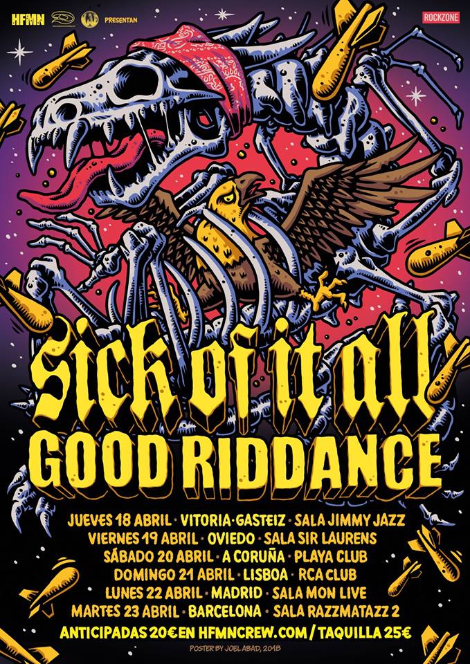 Cartel de la gira de Sick Of It All y Good Riddance con conciertos en Vitoria, Oviedo, A Coruña, Lisboa, Madrid y Barcelona