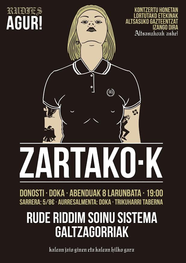 Cartel del concierto de ZartakoK, Rude Riddim Soinu Sistema y Galtzagorriak @ Doka, Donostia, sábado 8 de diciembre de 2018