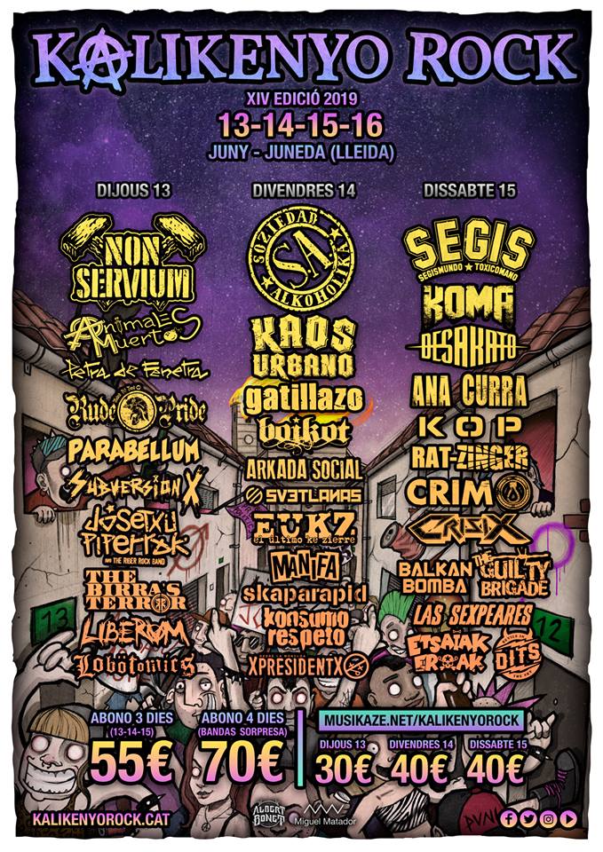 Cartel completo del Kalikenyo Rock 2019 de Juneda, LLeida, del 13 al 16 de junio