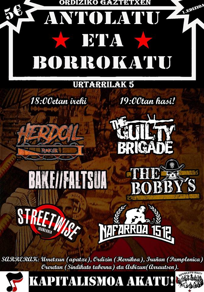 Concierto de The Guilty Brigade, Herdoil, Bake Faltsua, The Bobby's, Streetwise y Nafarroa 1512 @ Ordiziako Gaztetxea el sábado 5 de enero de 2019