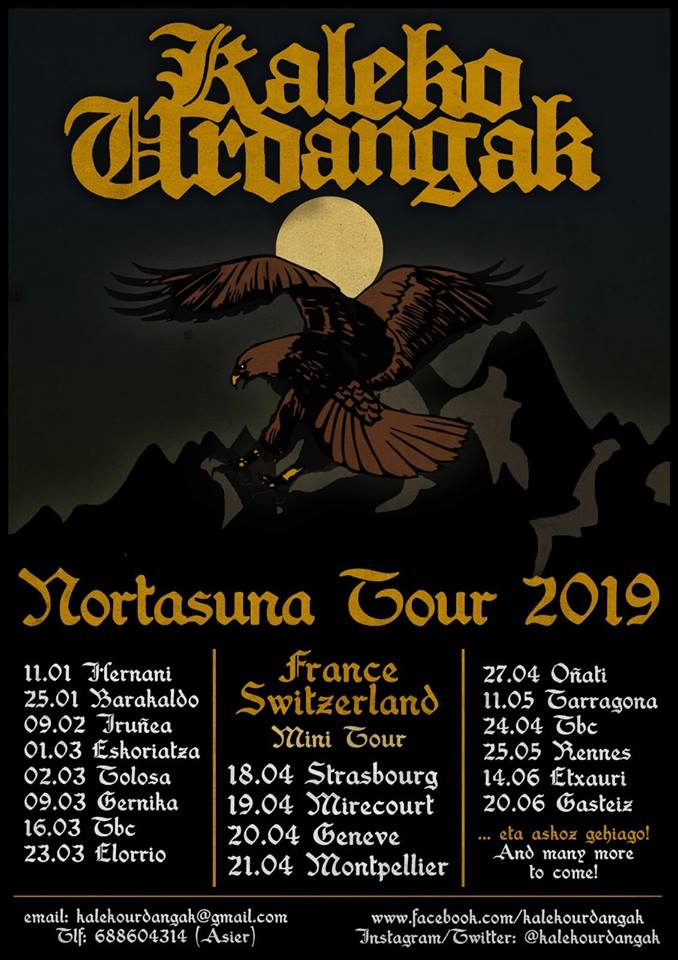 Próximos conciertos para Kaleko Urdangak durante enero, febrero, marzo, abril, mayo y junio de 2019