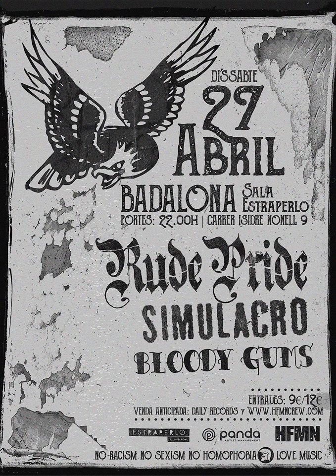Cartel del concieto de Rude Pride, Simulacro y Bloody Gums @ Estraperlo Club, Badalona, el 23 de abril de 2019