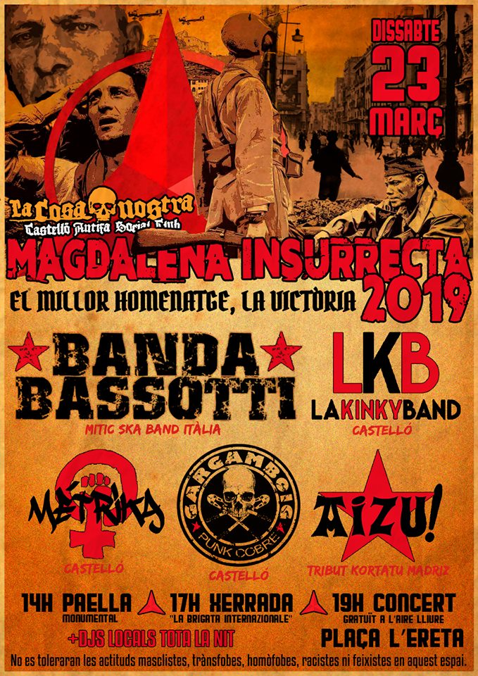 Cartel para el Magdalena Insurrecta 2019 en Castellò con la presencia de Bandad Bassotti, La Kinky Band, Métrika, Airgamboig y Aizu
