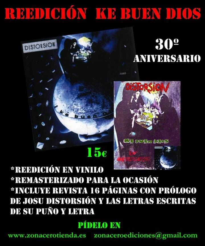Reedición en vinilo de 'Ke Buen Dios' de Distorsión a cargo de Zona Cero con motivo de su 30º aniversario