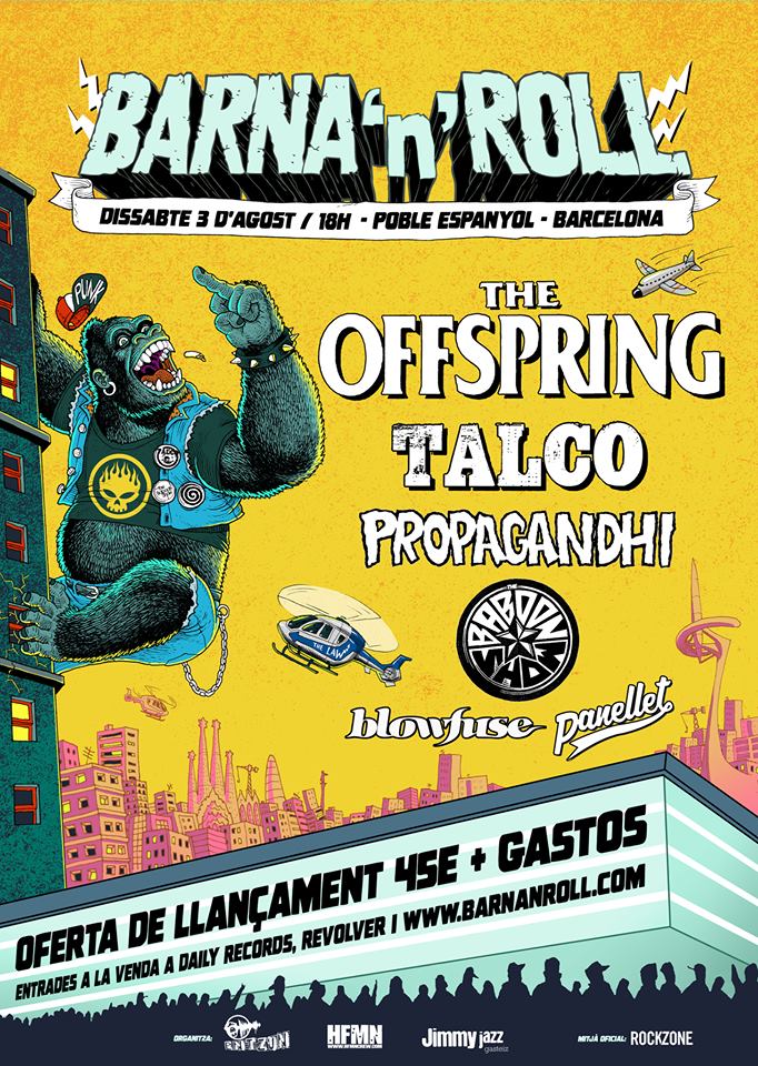 Cartel del Barna'n'Roll 2019 que se celebra en Barcelona el 3 de agosto con Offspring, Talco, Propagandhi, The Baboon Show, Blowfuse y Panellet
