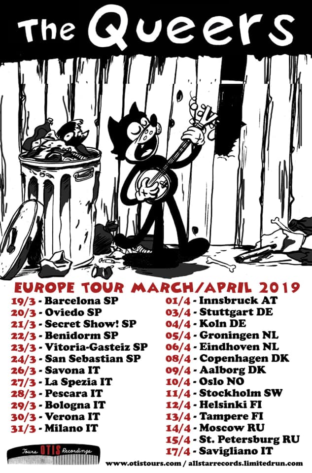 Cartel de la gira europea 2019 de The Queers con conciertos en Barcelona, Oviedo, Madrid, Fuzzvile Fest, Vitoria-Gasteiz y Donostia