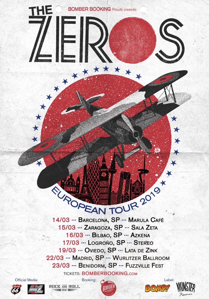 Cartel de la gira de The Zeros en marzo de 2019 con conciertos en Barcelona, Zaragoza, Bilbao, Logroño, Oviedo, Madrid y Benidorm (Fuzzville)