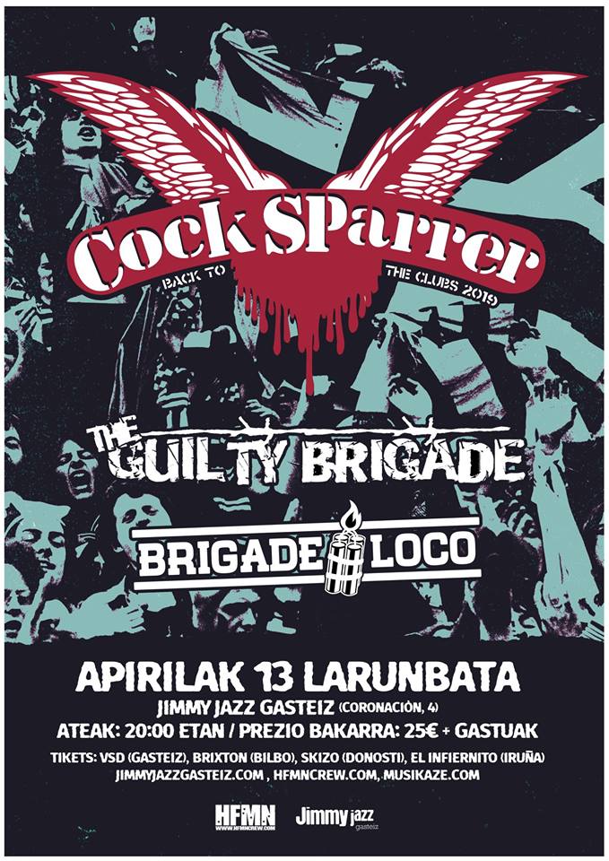 Cartel del concierto de Cock Sparrer + The Guilty Brigade + Brigade Loco @ Jimmy Jazz, Vitoria-Gasteiz, el sábado 13 de abril de 2019