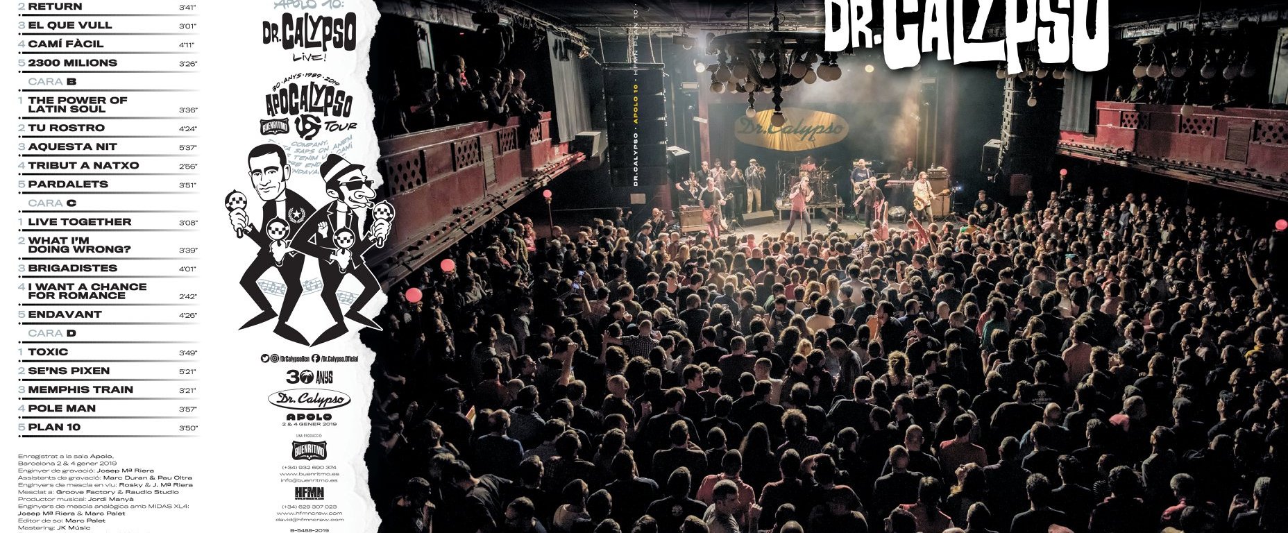 Portada y listado de canciones del disco 'Apolo 10' 2xLP en directo de Dr Calypso, editado en 2019 por HFMN Crew