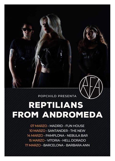 Cartel de la gira de Reptilians From Andromeda con conciertos en Madrid, Santander, Vitoria-Gasteiz, Pamplona y Barcelona