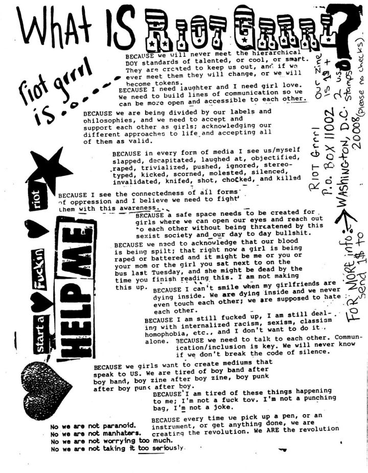 The riot grrrl manifesto was published 1991 in the BIKINI KILL ZINE 2 by Kathleen Hanna