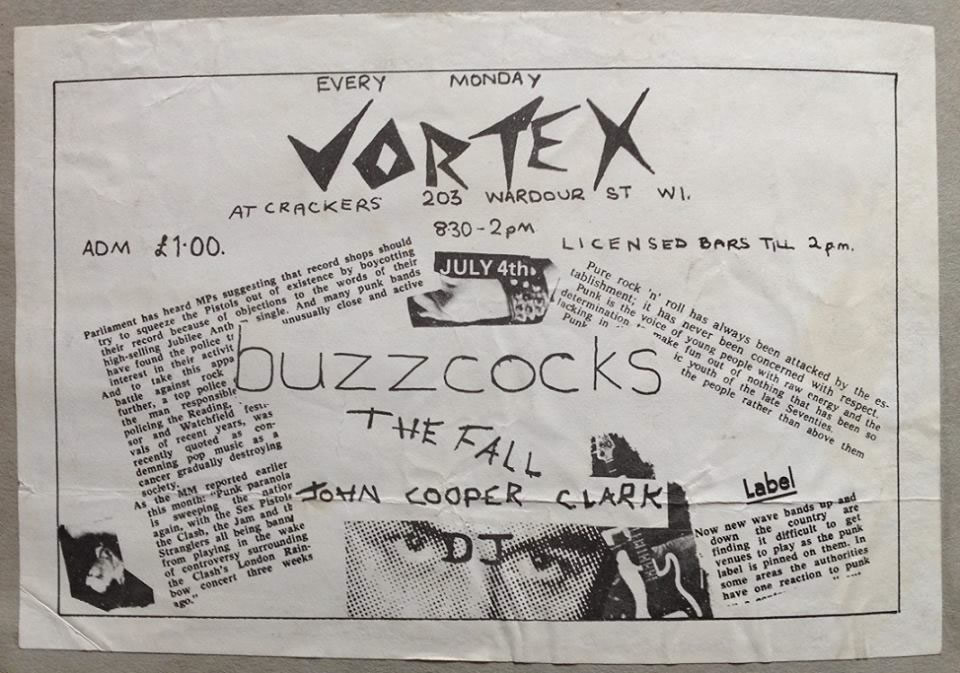 Cartel del concierto de apertura del Vortex con Buzzcocks y The Fall (4 de julio de 1977)
