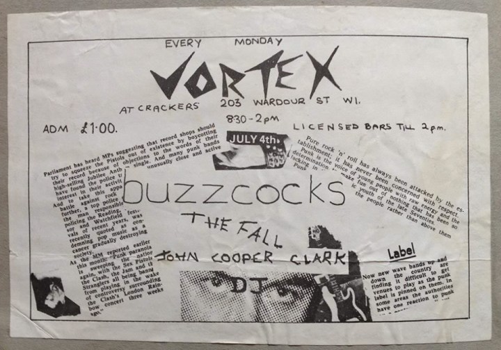 Cartel del concierto de apertura del Vortex con Buzzcocks y The Fall (4 de julio de 1977)