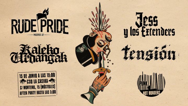 Cartel del concierto Rude Pride + Kaleko Urdangak + Tensión + Jess y Los Extenders @ La Casika, Móstoles, el sábado 15 de junio de 2019