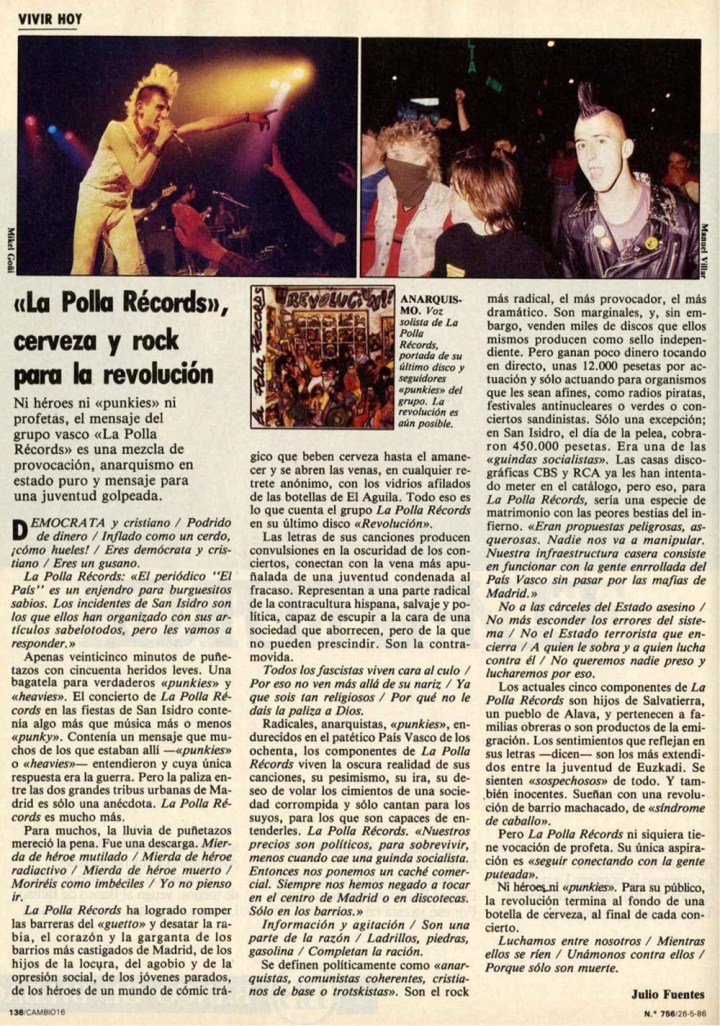 Reportaje sobre La Polla Records publicado el 26 de mayo de 1986 en Cambio 16